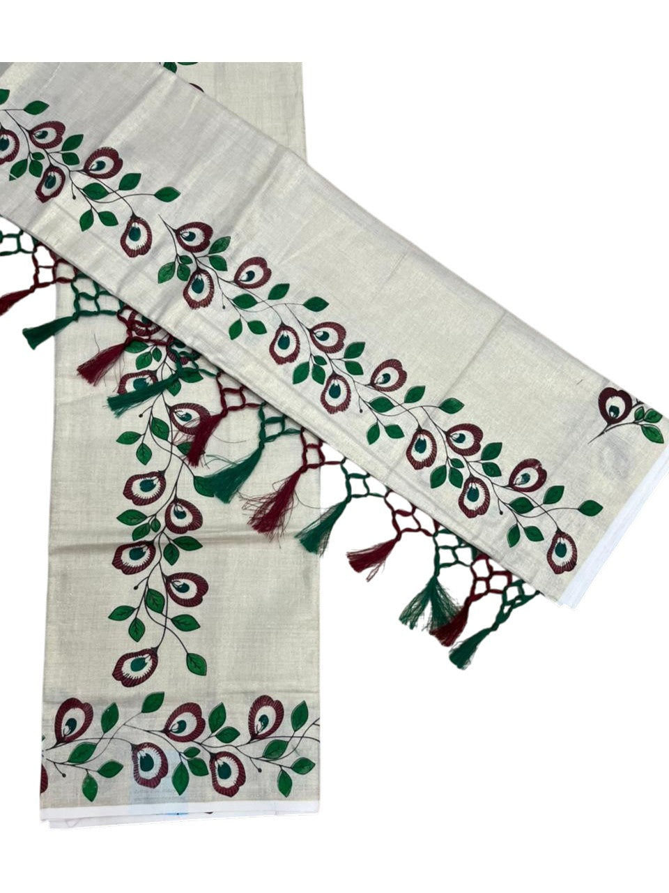 Southloom Tissue Single Set Mundu (Mundu Neriyathum) With Digital Floral Print in Maroon and Green 2.80 Mtrs SL318