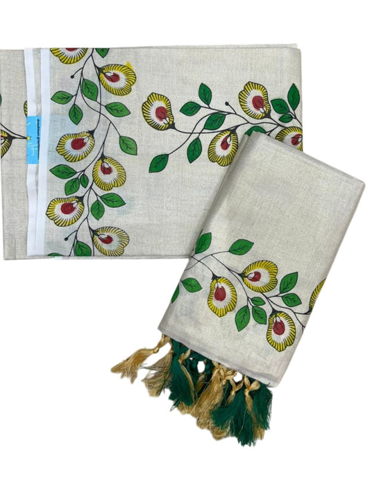Southloom Tissue Single Set Mundu (Mundu Neriyathum) With Digital Floral Print in Yellow and Green 2.80 Mtrs SL318