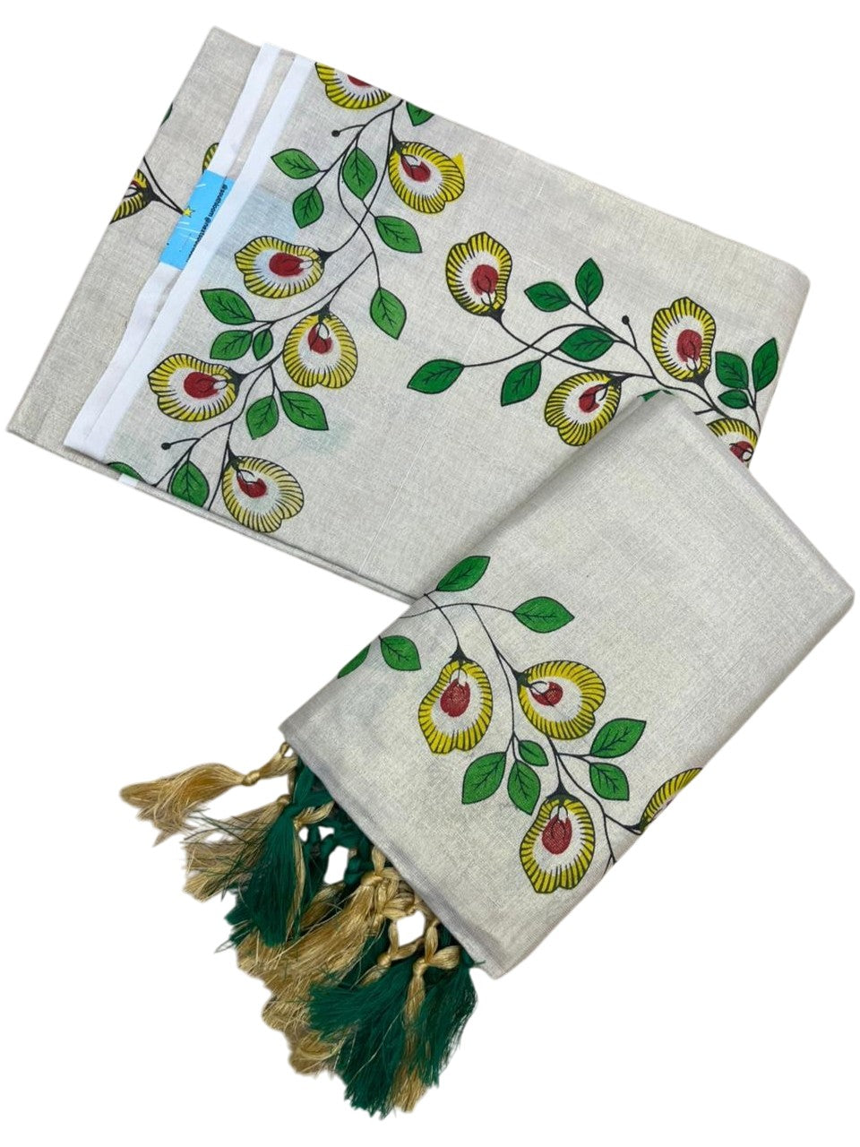 Southloom Tissue Single Set Mundu (Mundu Neriyathum) With Digital Floral Print in Yellow and Green 2.80 Mtrs SL318