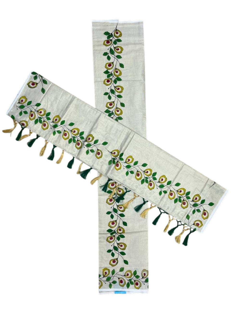 Southloom Tissue Single Set Mundu (Mundu Neriyathum) With Digital Floral Print in Yellow and Green 2.80 Mtrs SL318