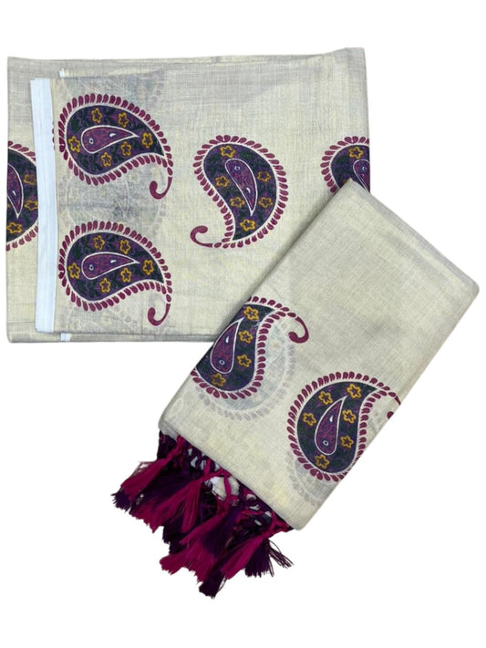 Southloom Tissue Single Set Mundu (Mundu Neriyathum) With Digital Floral Print in Purple and Magenta 2.80 Mtrs SL397