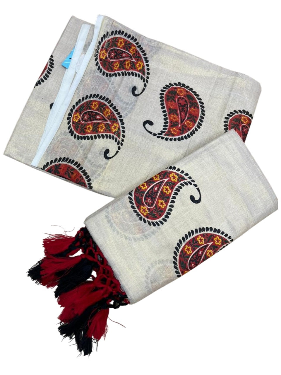 Southloom Tissue Single Set Mundu (Mundu Neriyathum) With Digital Floral Print in Red and Black 2.80 Mtrs SL397
