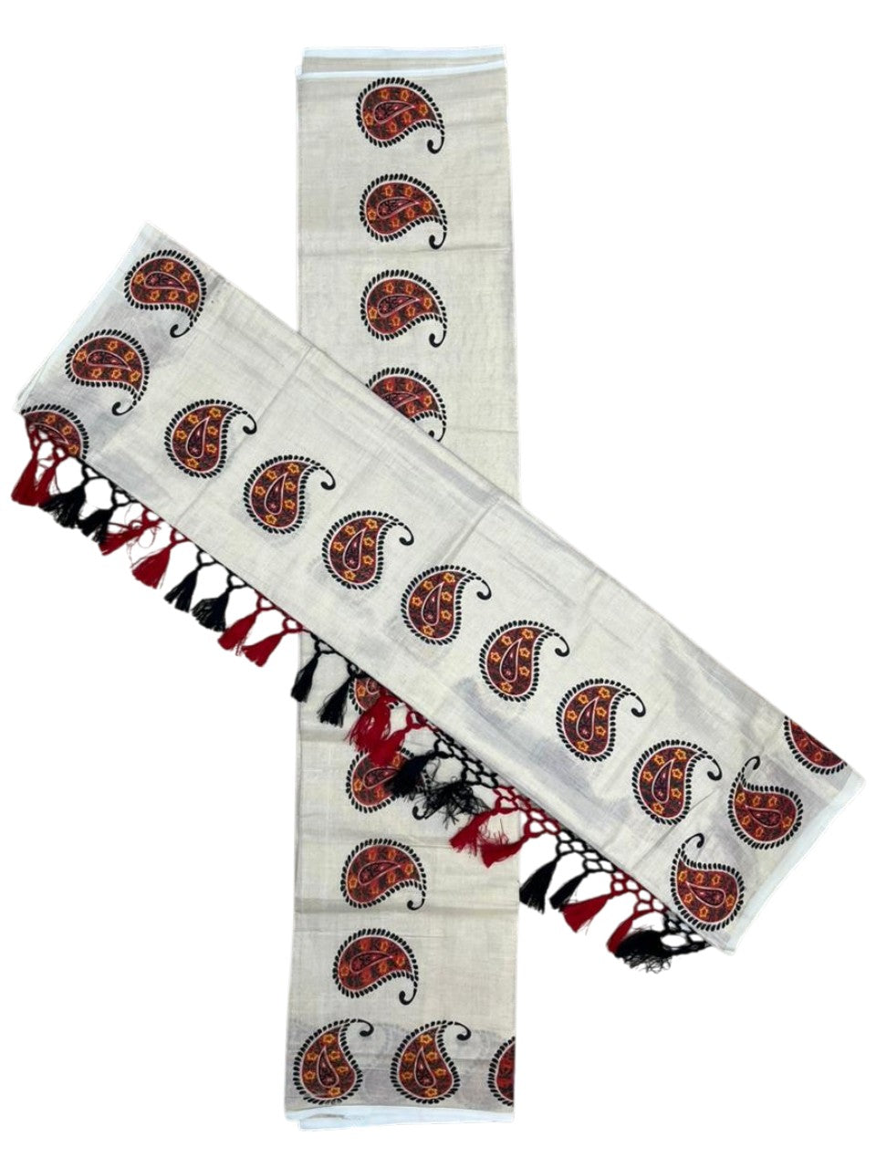 Southloom Tissue Single Set Mundu (Mundu Neriyathum) With Digital Floral Print in Red and Black 2.80 Mtrs SL397
