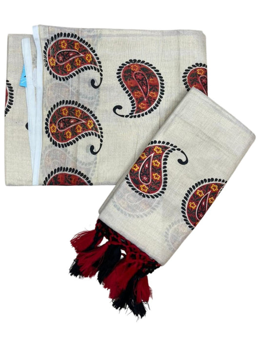 Southloom Tissue Single Set Mundu (Mundu Neriyathum) With Digital Floral Print in Red and Black 2.80 Mtrs SL397