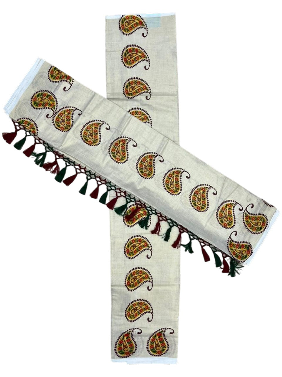 Southloom Tissue Single Set Mundu (Mundu Neriyathum) With Digital Floral Print in Maroon and Green 2.80 Mtrs SL397