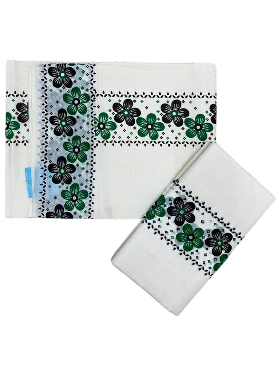 Southloom Cotton Single Set Mundu (Mundu Neriyathum) With Floral Digital Print in Green and Black 2.80 Mtrs