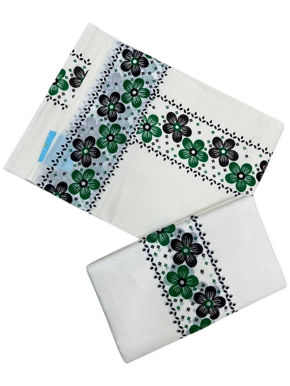 Southloom Cotton Single Set Mundu (Mundu Neriyathum) With Floral Digital Print in Green and Black 2.80 Mtrs