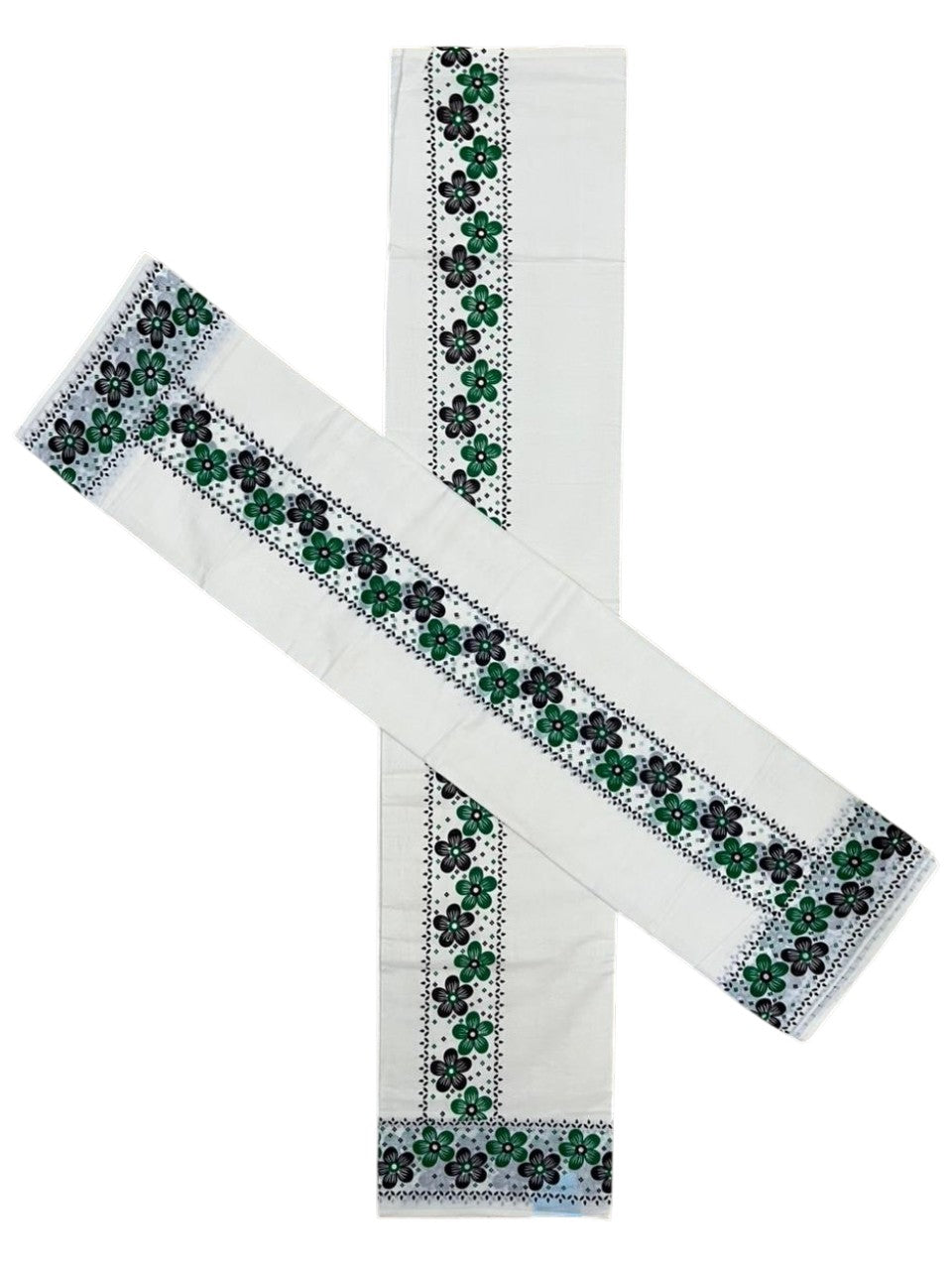 Southloom Cotton Single Set Mundu (Mundu Neriyathum) With Floral Digital Print in Green and Black 2.80 Mtrs