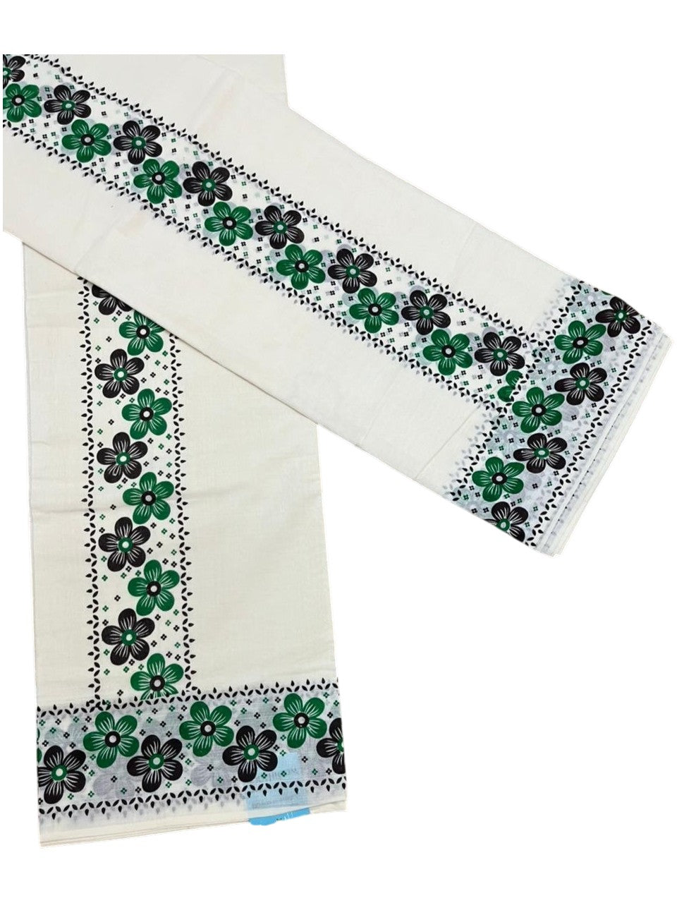 Southloom Cotton Single Set Mundu (Mundu Neriyathum) With Floral Digital Print in Green and Black 2.80 Mtrs