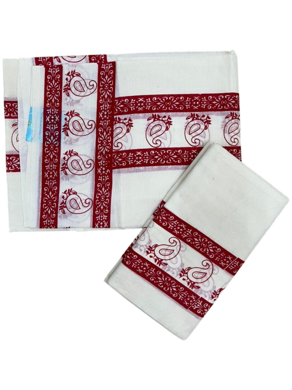 Southloom Cotton Single Set Mundu (Mundu Neriyathum) With Floral Digital Print in Red 2.80 Mtrs