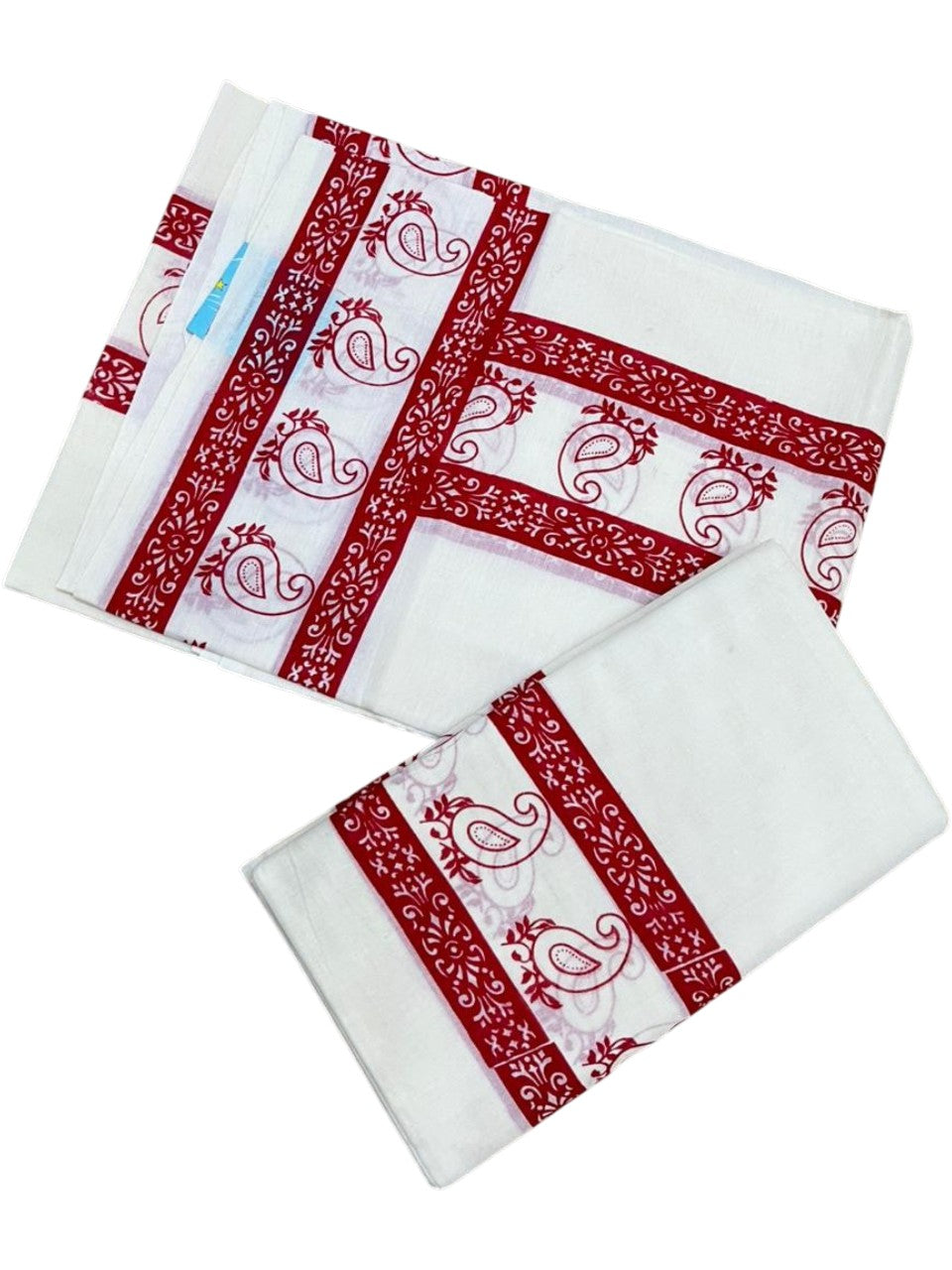 Southloom Cotton Single Set Mundu (Mundu Neriyathum) With Floral Digital Print in Red 2.80 Mtrs