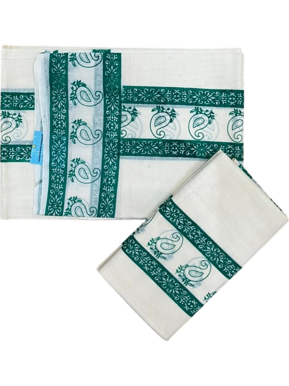 Southloom Cotton Single Set Mundu (Mundu Neriyathum) With Floral Digital Print in Green 2.80 Mtrs