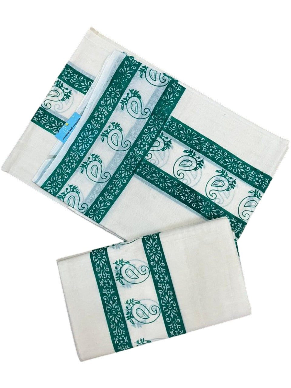 Southloom Cotton Single Set Mundu (Mundu Neriyathum) With Floral Digital Print in Green 2.80 Mtrs