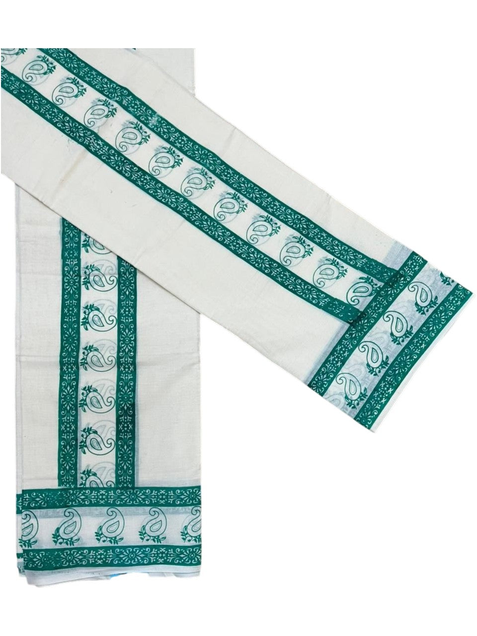 Southloom Cotton Single Set Mundu (Mundu Neriyathum) With Floral Digital Print in Green 2.80 Mtrs
