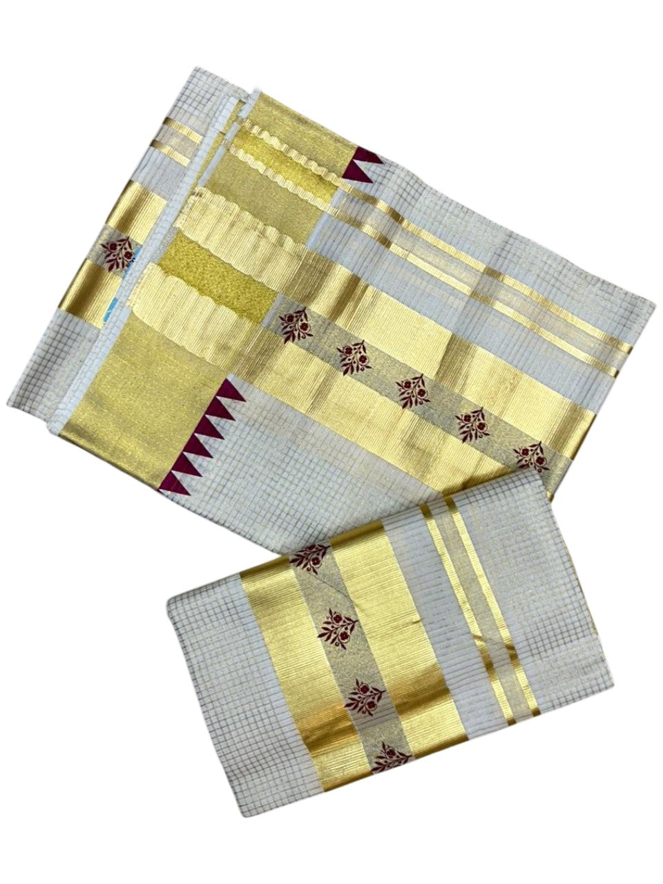 Southloom Pure Cotton Set Mundu with Gold Kasavu Micro Check Across Body in Maroon SL398