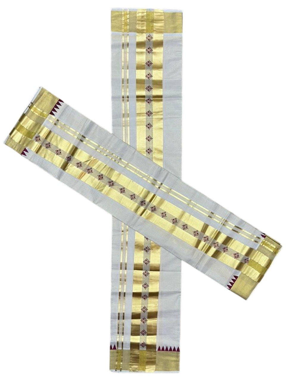 Southloom Pure Cotton Set Mundu with Gold Kasavu Micro Check Across Body in Maroon SL398