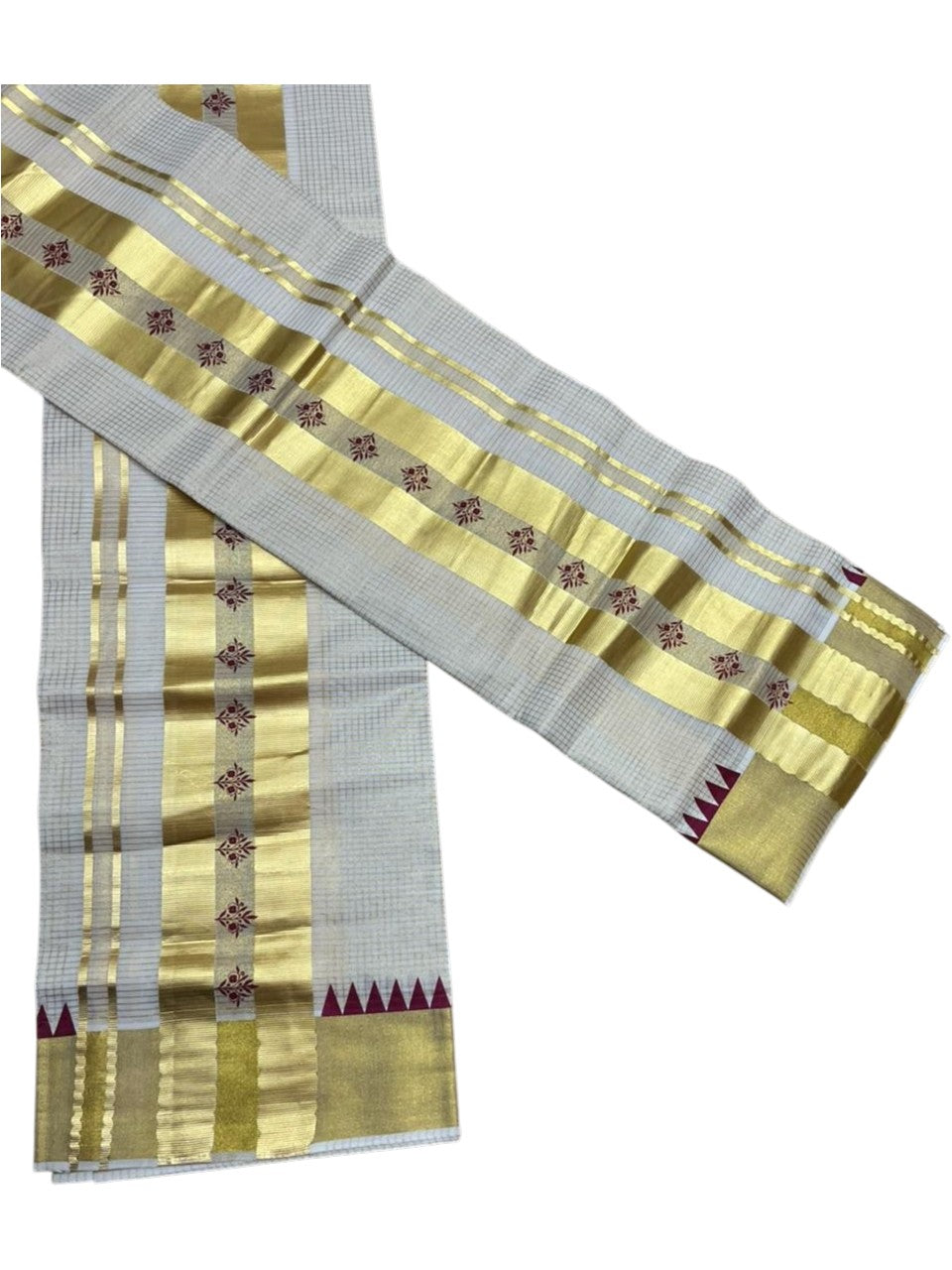 Southloom Pure Cotton Set Mundu with Gold Kasavu Micro Check Across Body in Maroon SL398