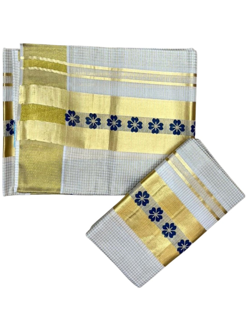 Southloom Pure Cotton Set Mundu with Gold Kasavu Micro Check Across Body in Blue SL398