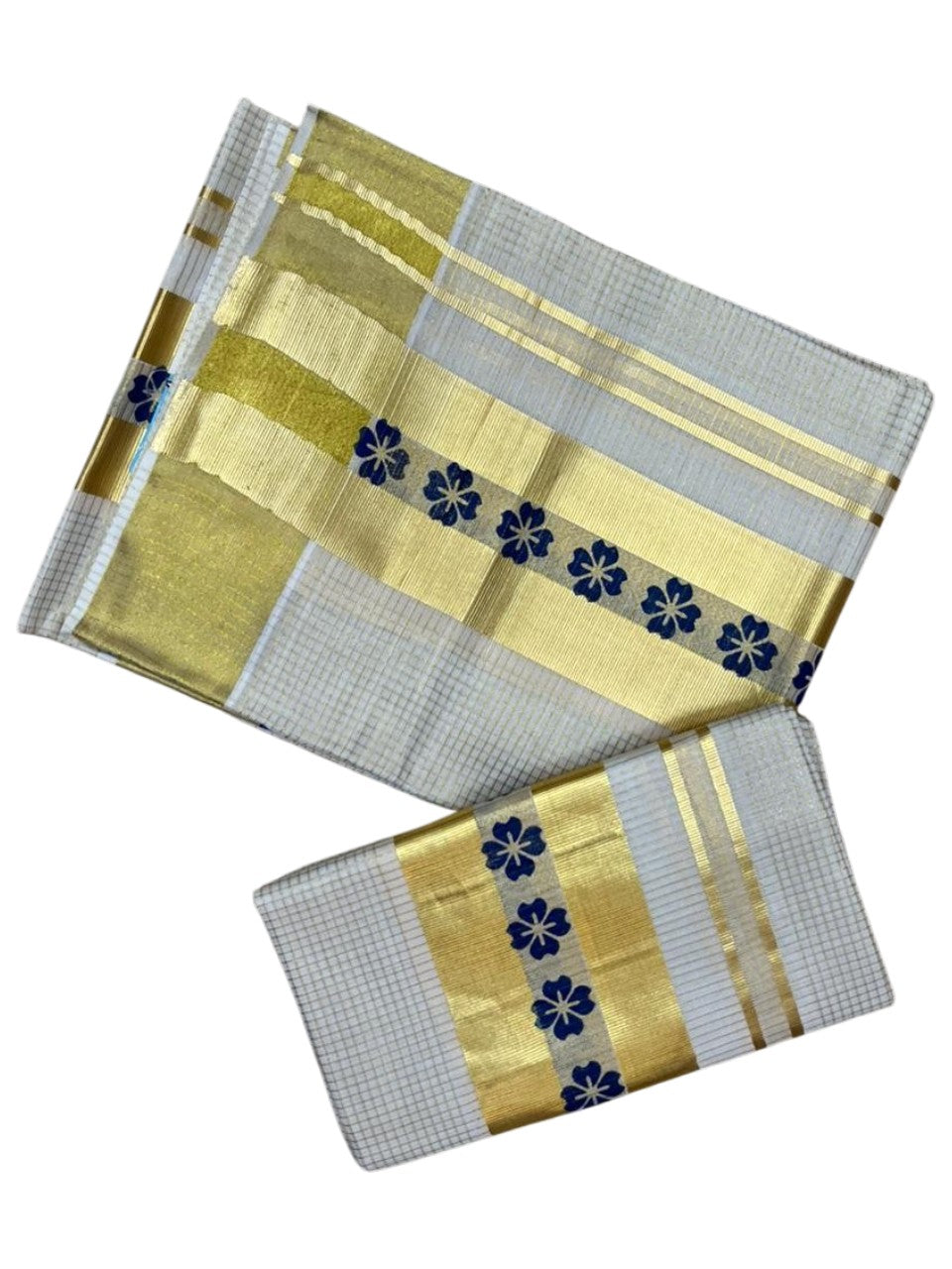 Southloom Pure Cotton Set Mundu with Gold Kasavu Micro Check Across Body in Blue SL398