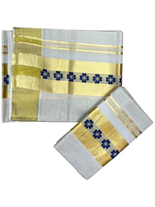 Southloom Pure Cotton Set Mundu with Gold Kasavu Micro Check Across Body in Blue SL398