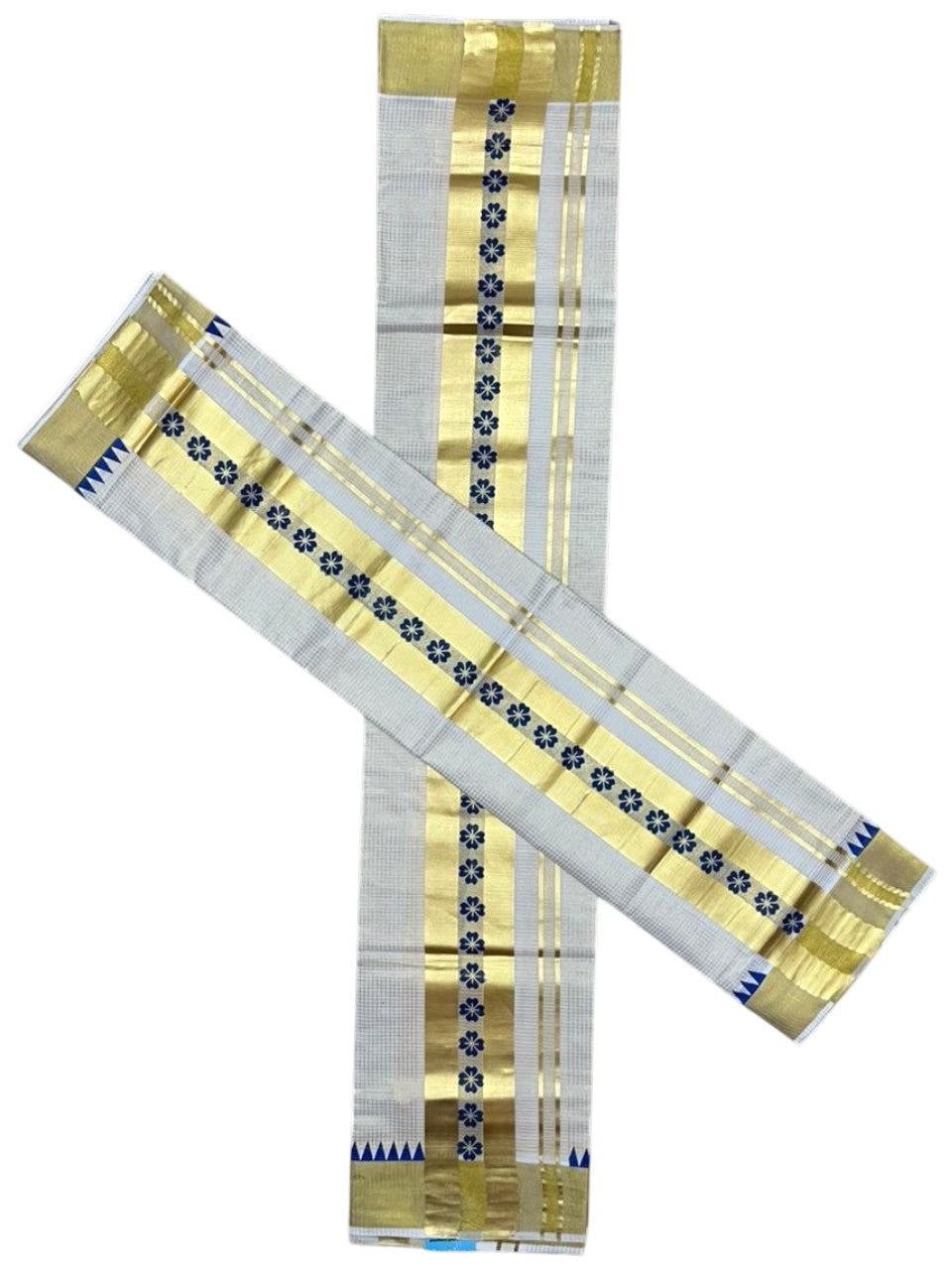 Southloom Pure Cotton Set Mundu with Gold Kasavu Micro Check Across Body in Blue SL398