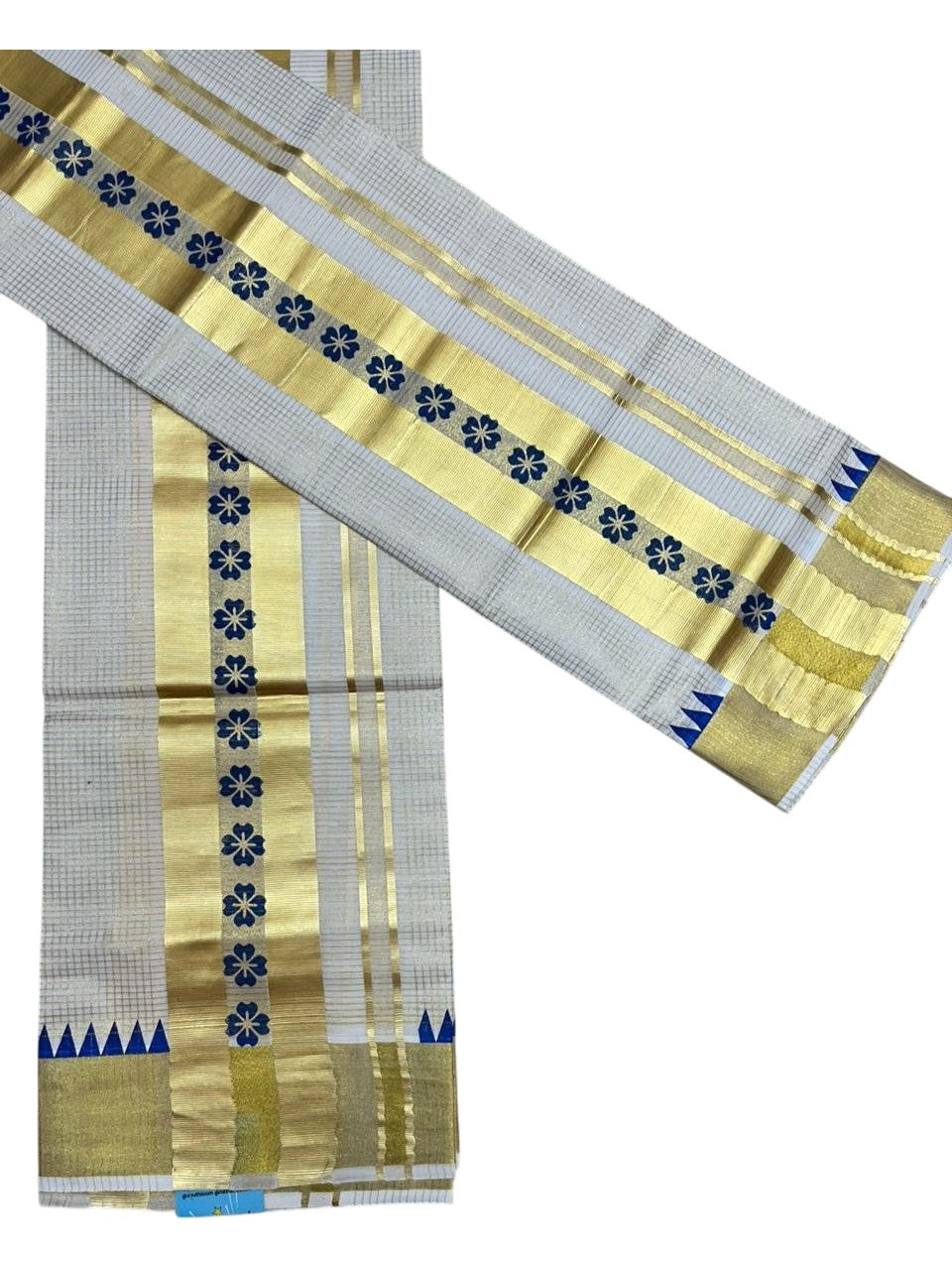 Southloom Pure Cotton Set Mundu with Gold Kasavu Micro Check Across Body in Blue SL398