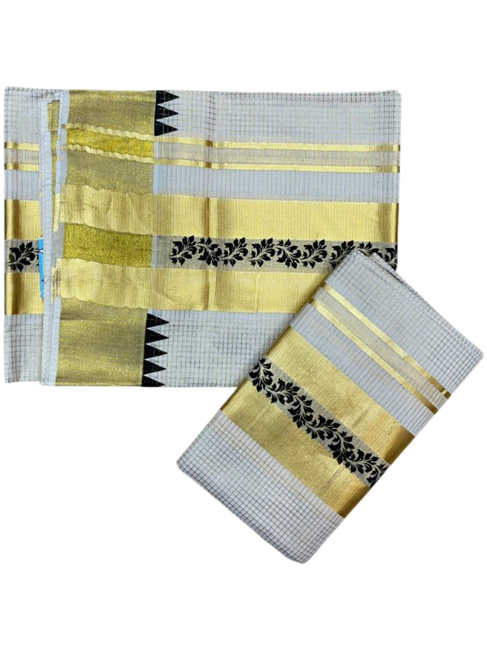 Southloom Pure Cotton Set Mundu with Gold Kasavu Micro Check Across Body in Black SL398