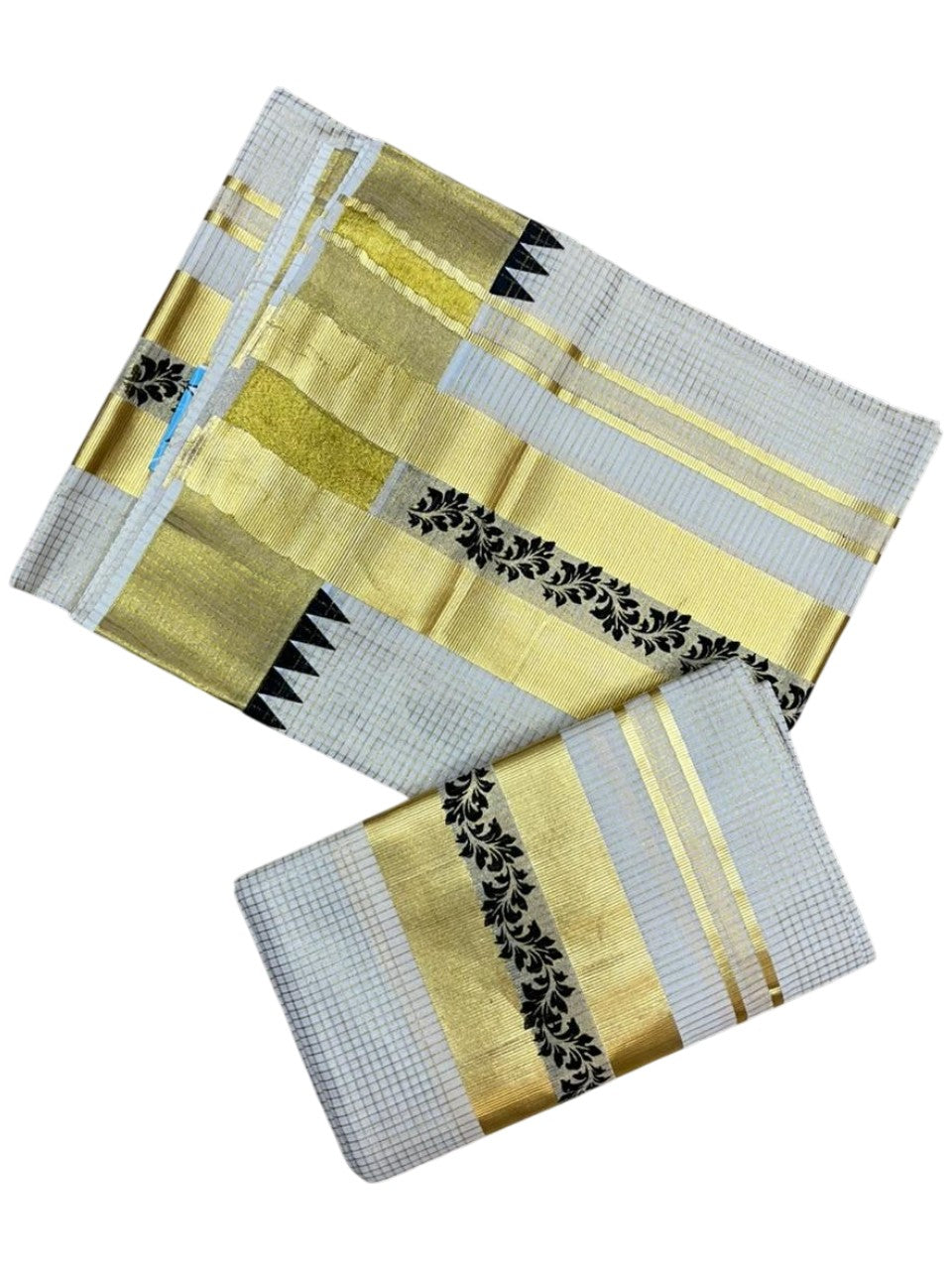 Southloom Pure Cotton Set Mundu with Gold Kasavu Micro Check Across Body in Black SL398