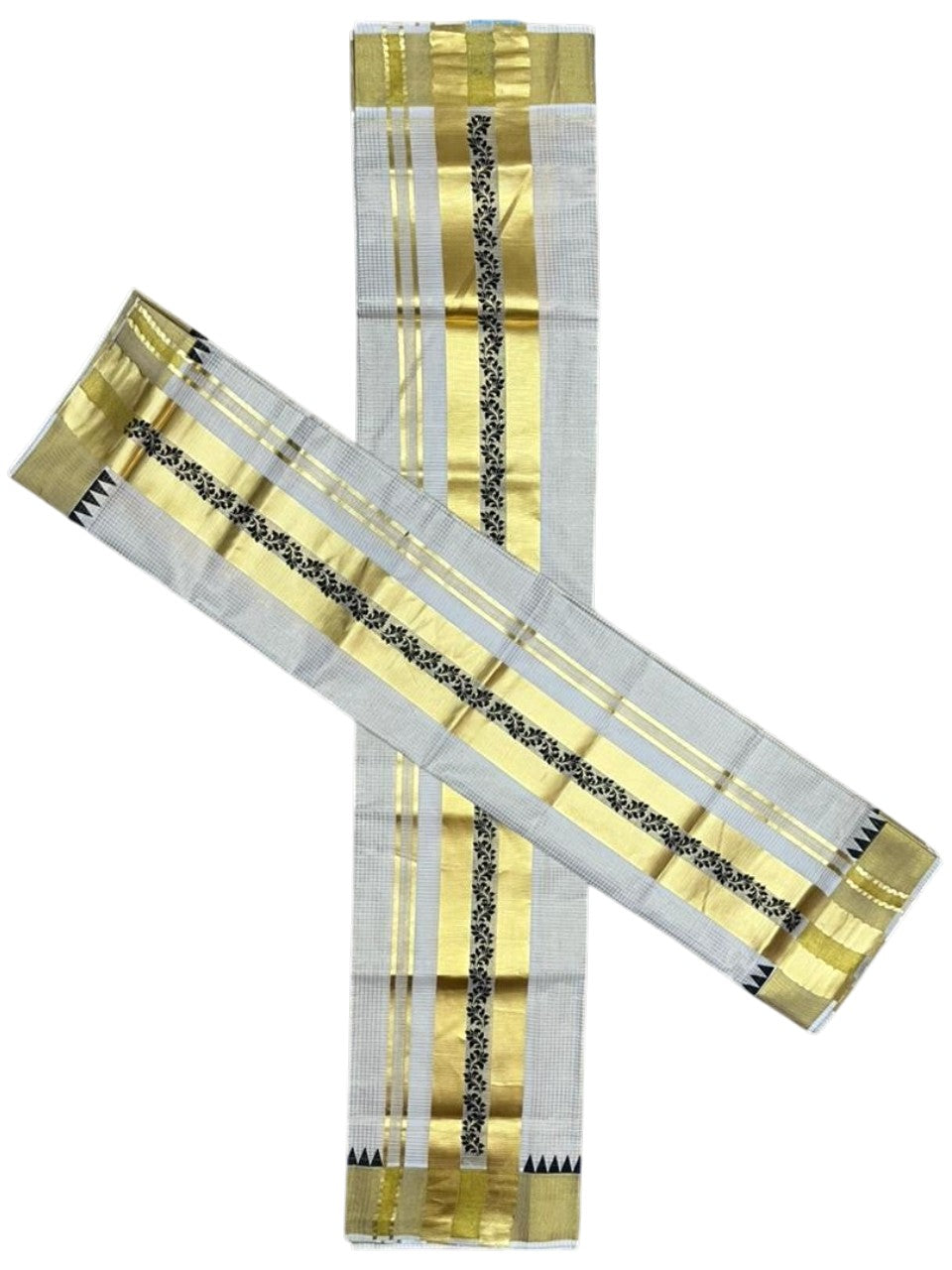 Southloom Pure Cotton Set Mundu with Gold Kasavu Micro Check Across Body in Black SL398