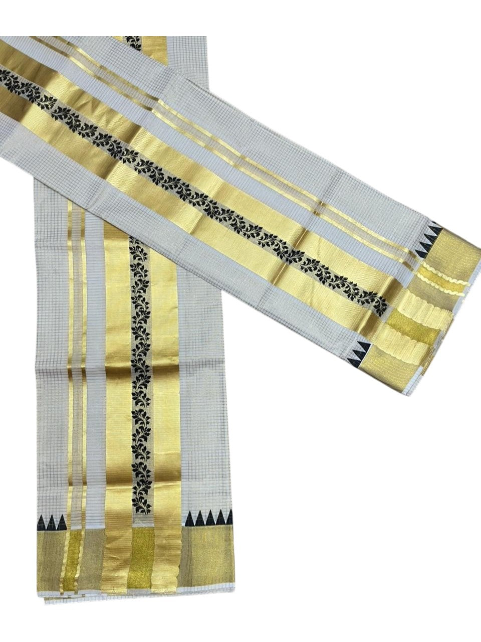 Southloom Pure Cotton Set Mundu with Gold Kasavu Micro Check Across Body in Black SL398