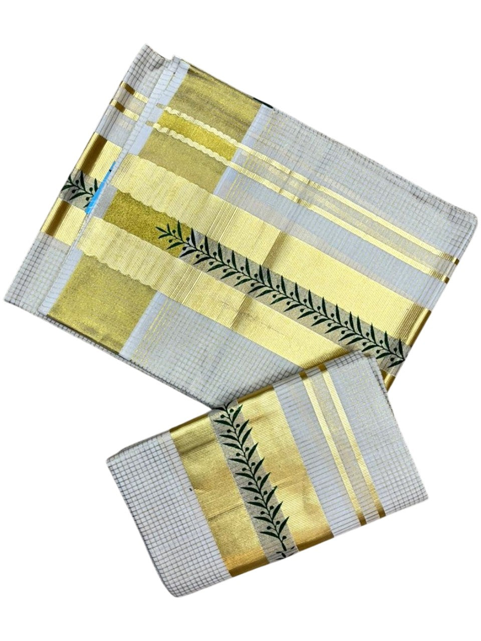 Southloom Pure Cotton Set Mundu with Gold Kasavu Micro Check Across Body in Green SL398