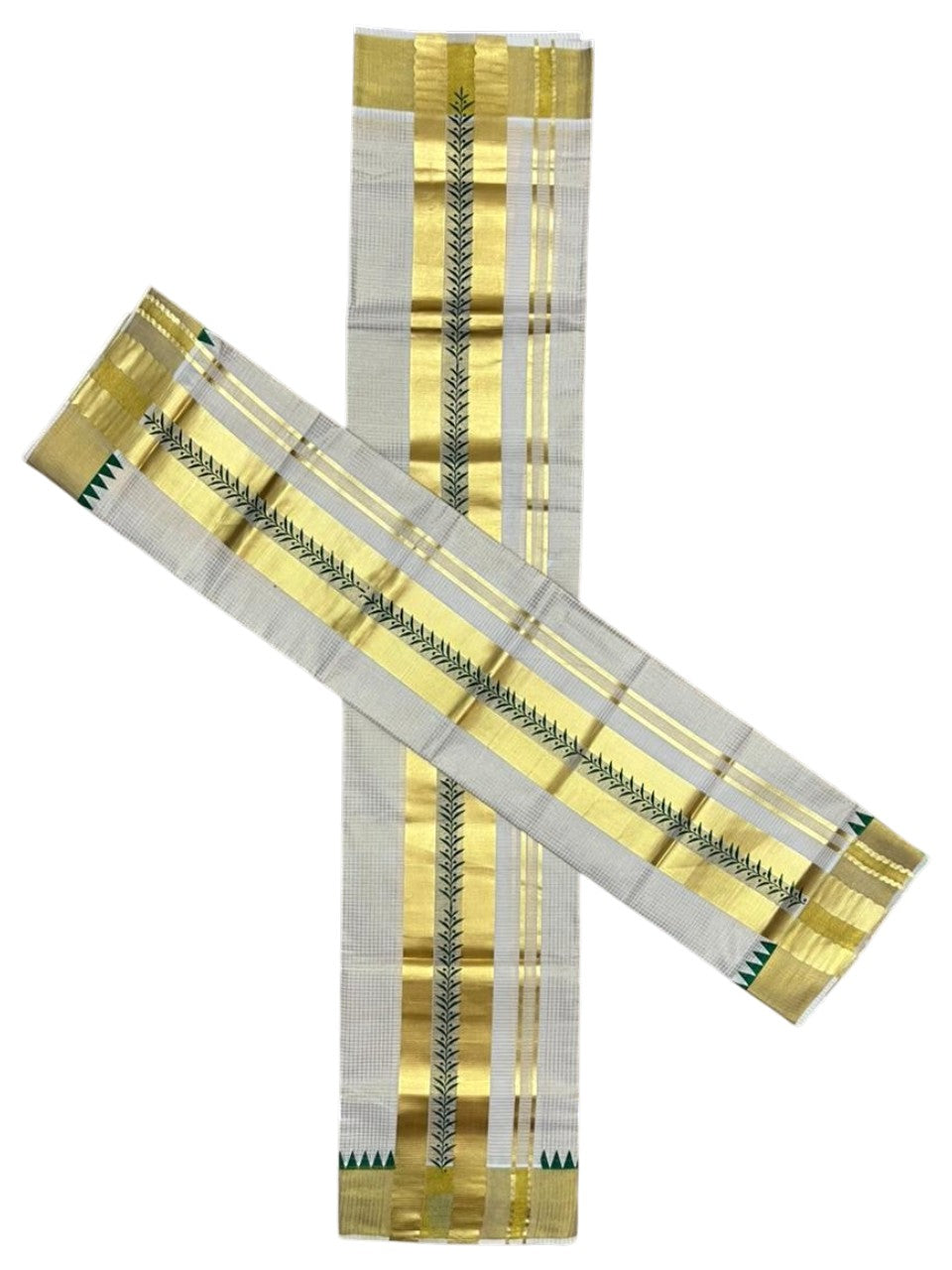 Southloom Pure Cotton Set Mundu with Gold Kasavu Micro Check Across Body in Green SL398