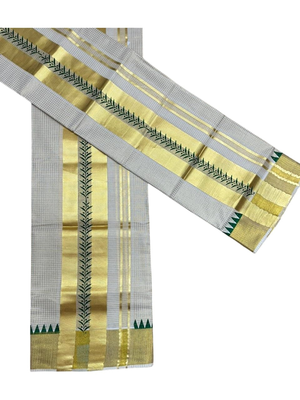 Southloom Pure Cotton Set Mundu with Gold Kasavu Micro Check Across Body in Green SL398