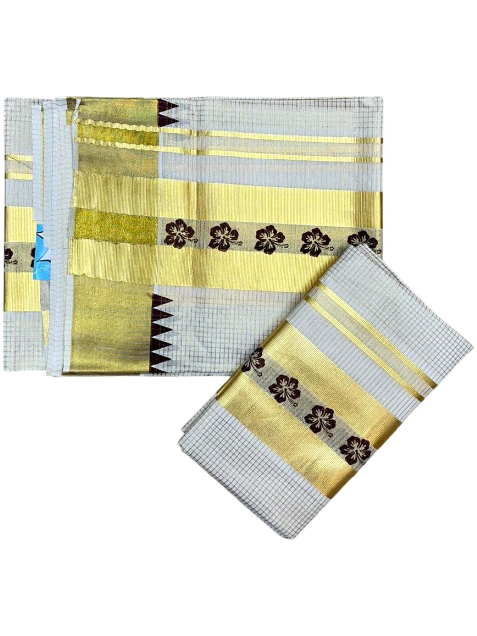 Southloom Pure Cotton Set Mundu with Gold Kasavu Micro Check Across Body in Brown SL398