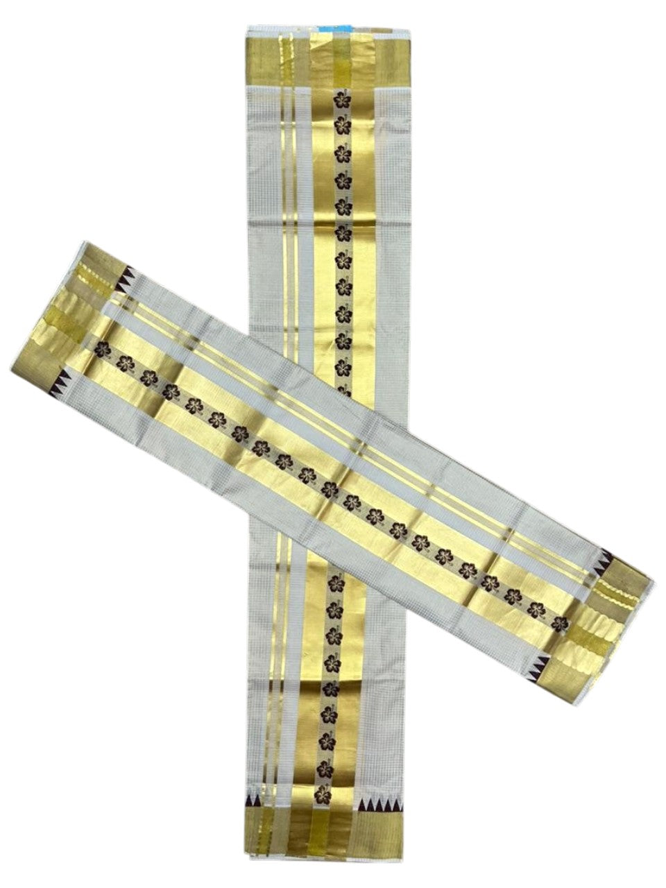 Southloom Pure Cotton Set Mundu with Gold Kasavu Micro Check Across Body in Brown SL398