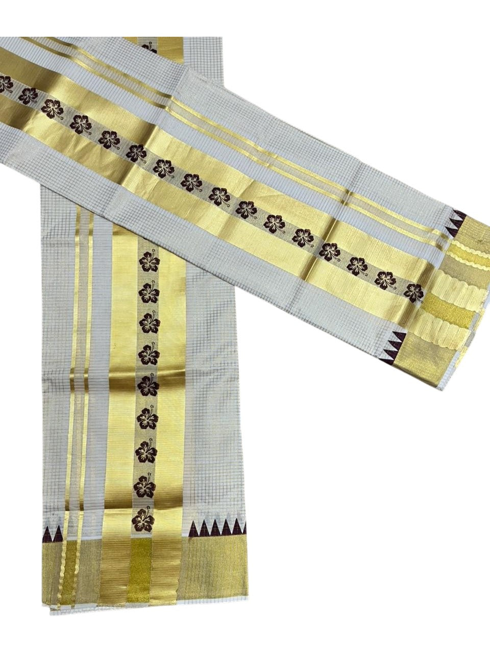 Southloom Pure Cotton Set Mundu with Gold Kasavu Micro Check Across Body in Brown SL398
