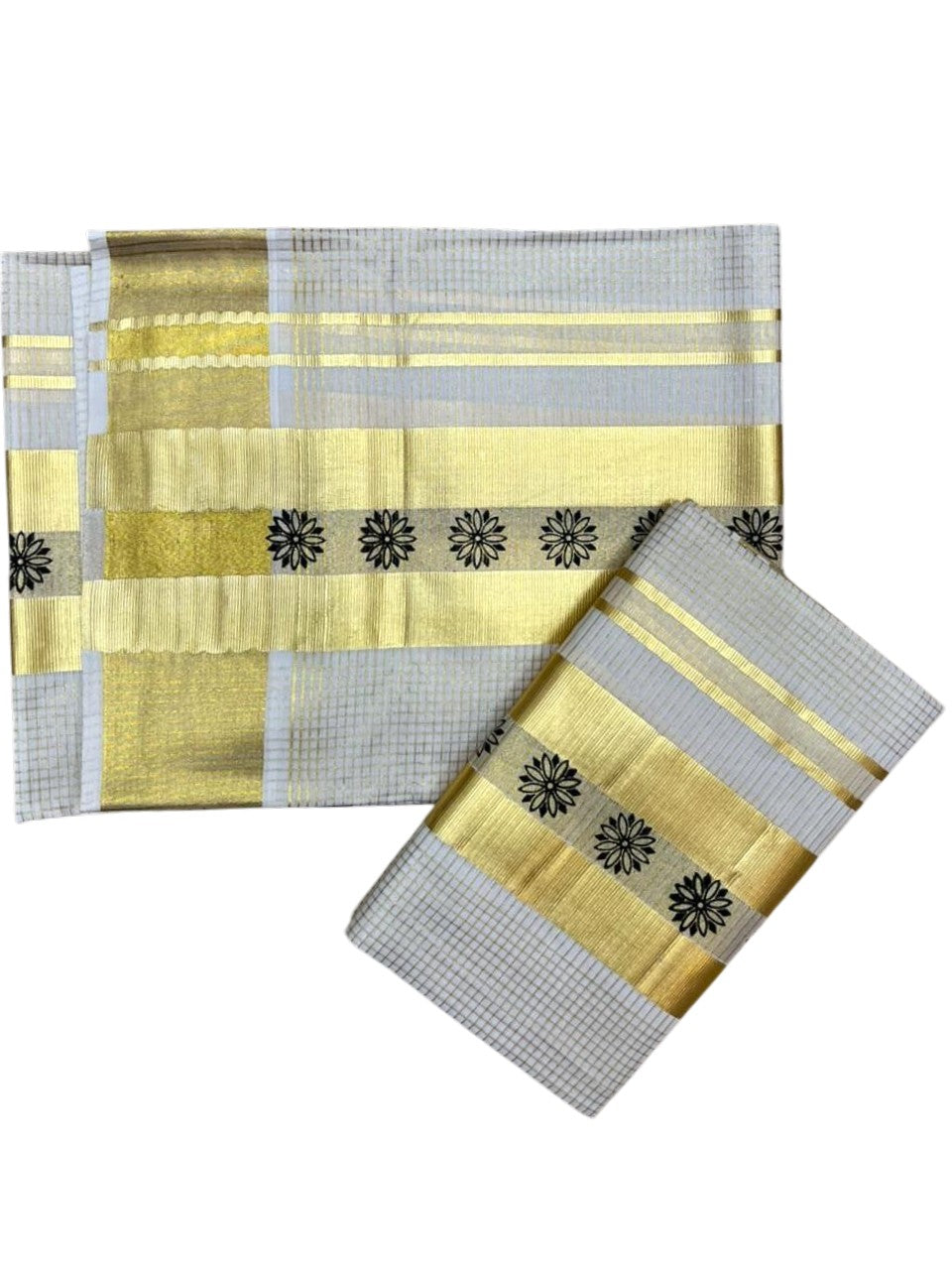 Southloom Pure Cotton Set Mundu with Gold Kasavu Micro Check Across Body in Black SL398