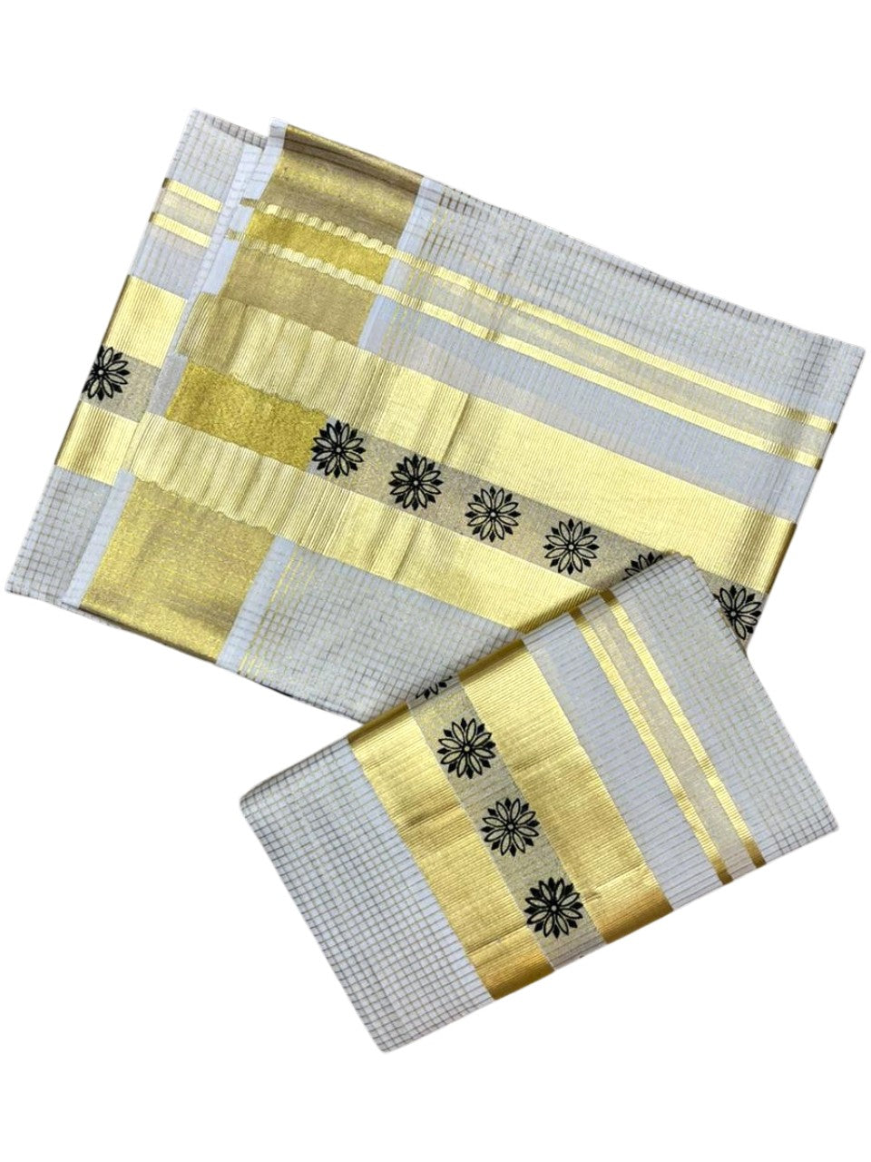 Southloom Pure Cotton Set Mundu with Gold Kasavu Micro Check Across Body in Black SL398