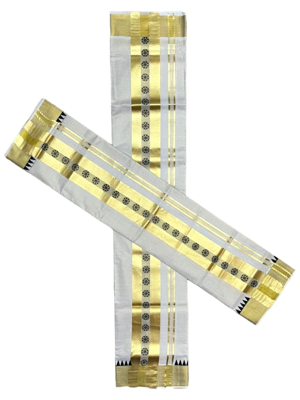 Southloom Pure Cotton Set Mundu with Gold Kasavu Micro Check Across Body in Black SL398