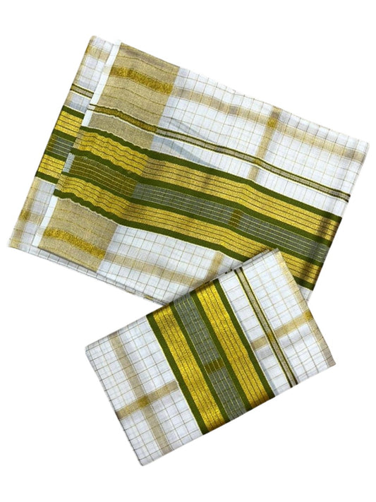 Southloom Pure Cotton Set Mundu with Gold Kasavu Check Across Body in Olive Green SL399