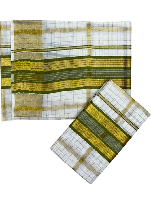 Southloom Pure Cotton Set Mundu with Gold Kasavu Check Across Body in Olive Green SL399
