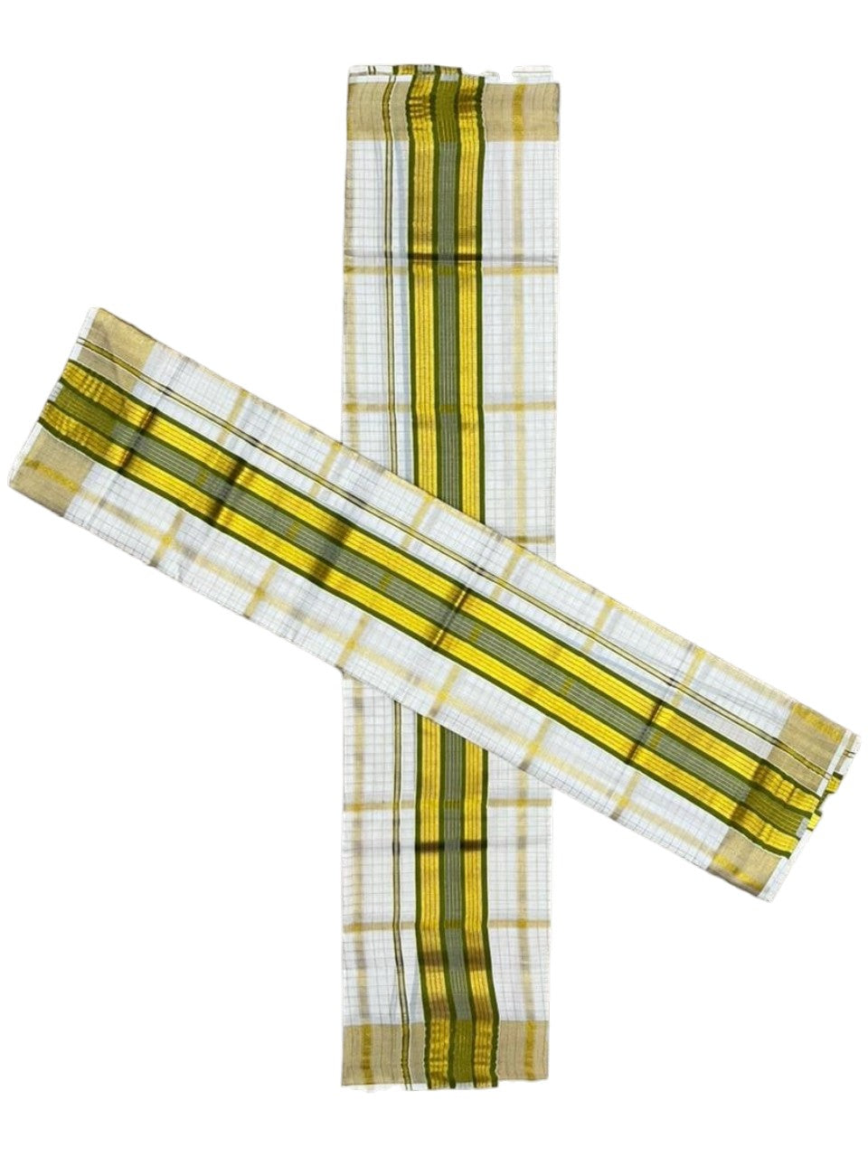 Southloom Pure Cotton Set Mundu with Gold Kasavu Check Across Body in Olive Green SL399