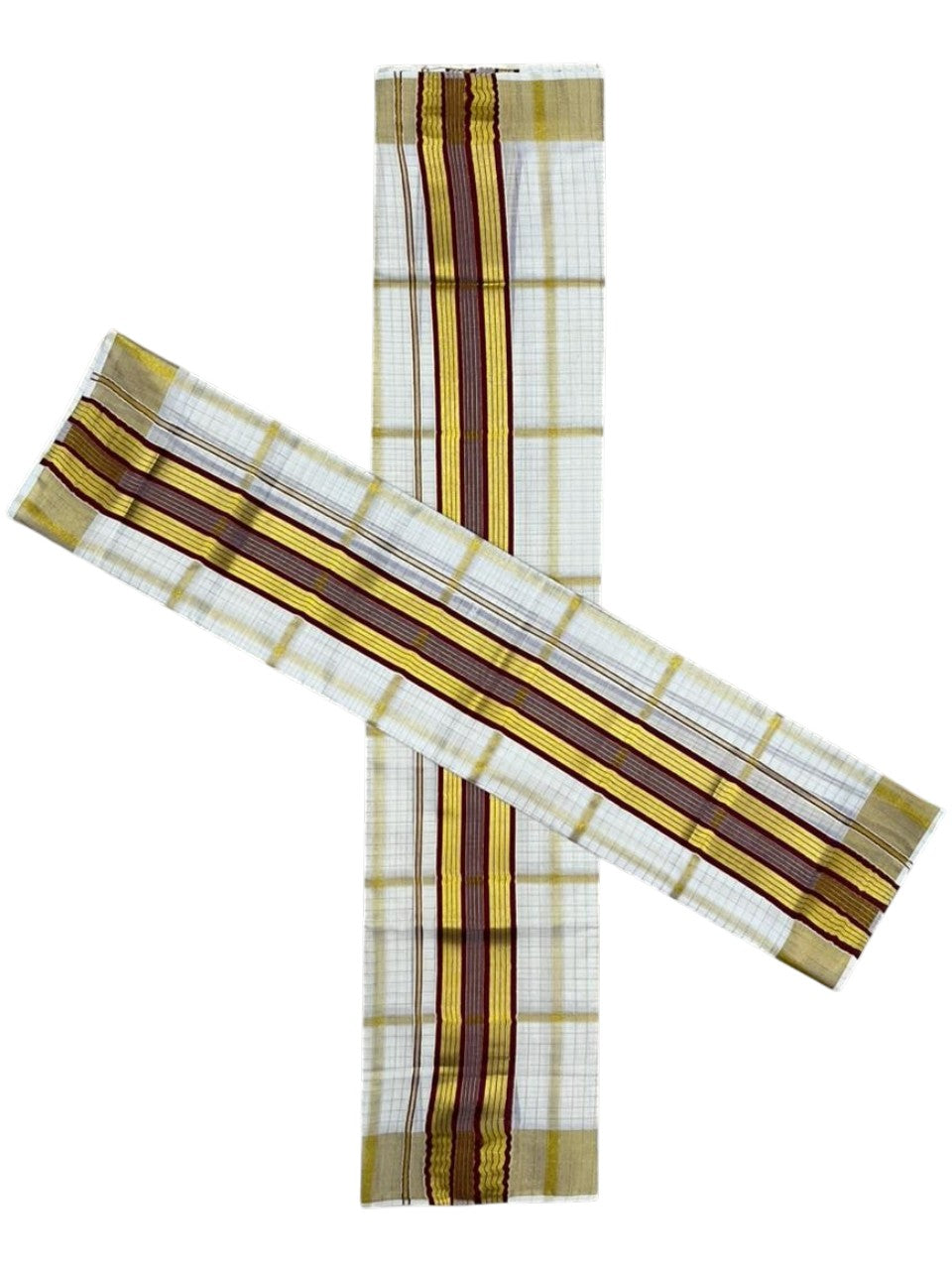 Southloom Pure Cotton Set Mundu with Gold Kasavu Check Across Body in Maroon SL399