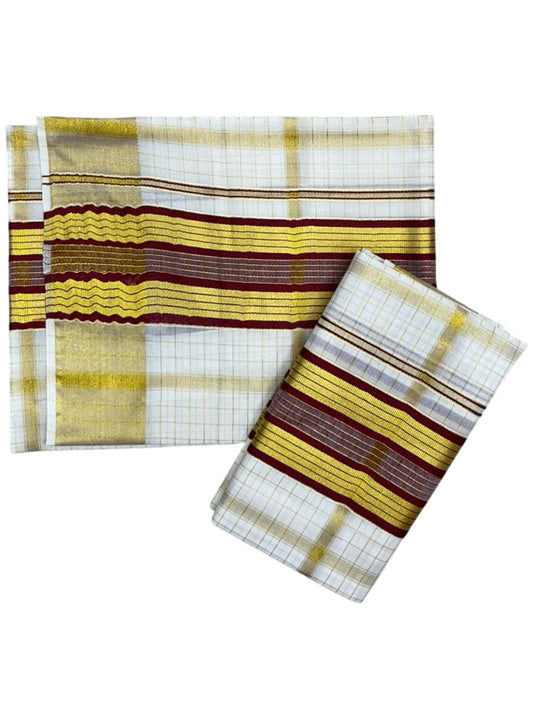 Southloom Pure Cotton Set Mundu with Gold Kasavu Check Across Body in Maroon SL399