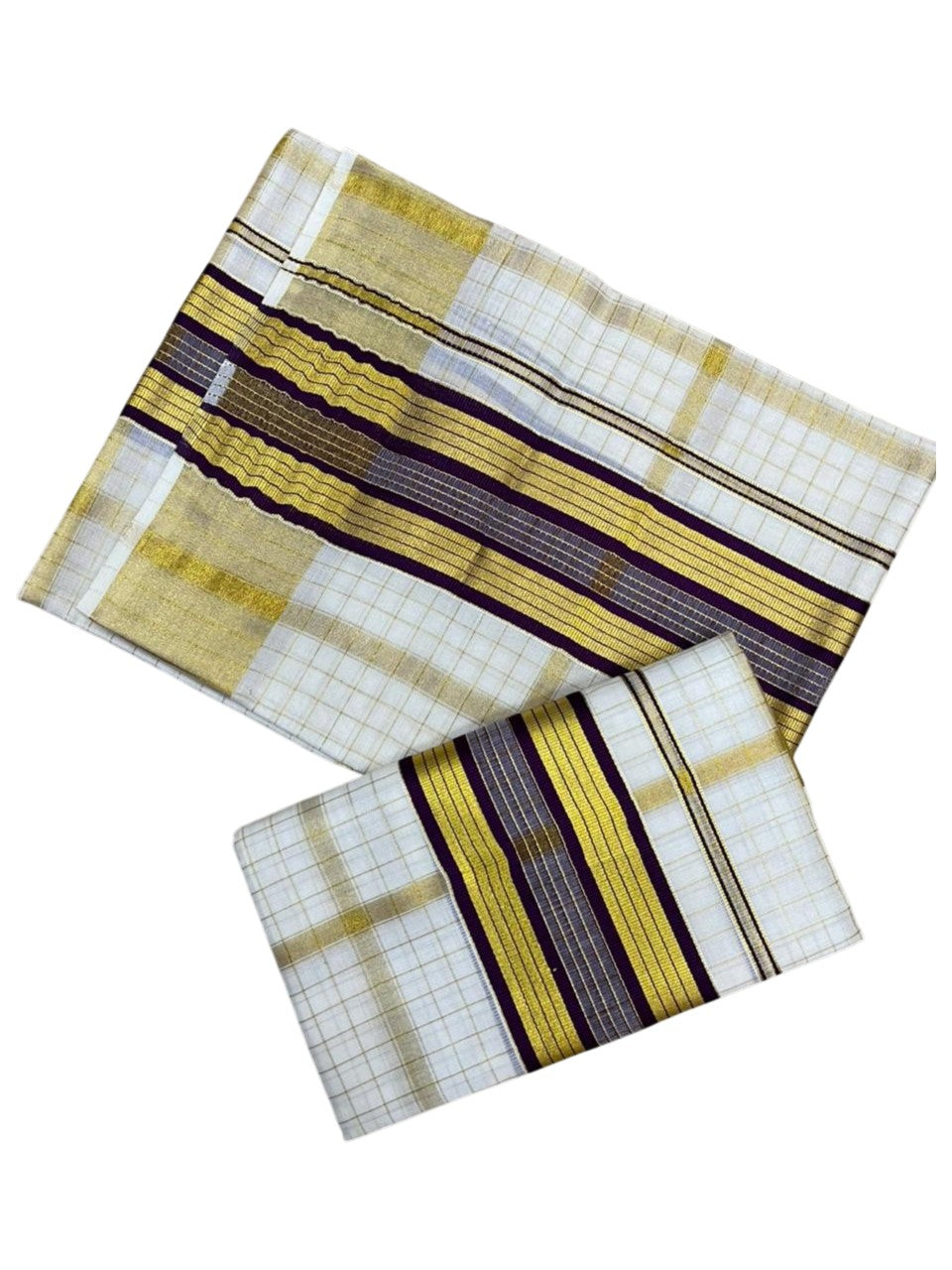 Southloom Pure Cotton Set Mundu with Gold Kasavu Check Across Body in Purple SL399