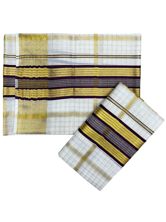 Southloom Pure Cotton Set Mundu with Gold Kasavu Check Across Body in Purple SL399