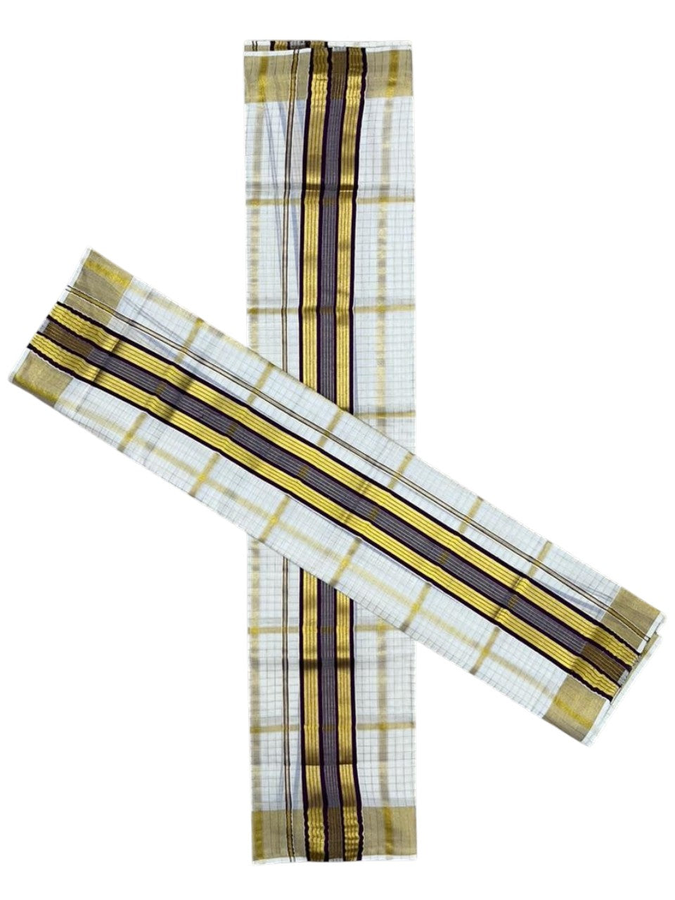 Southloom Pure Cotton Set Mundu with Gold Kasavu Check Across Body in Purple SL399