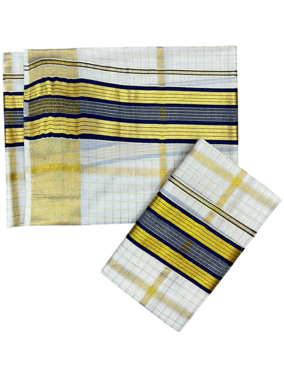 Southloom Pure Cotton Set Mundu with Gold Kasavu Check Across Body in Blue SL399