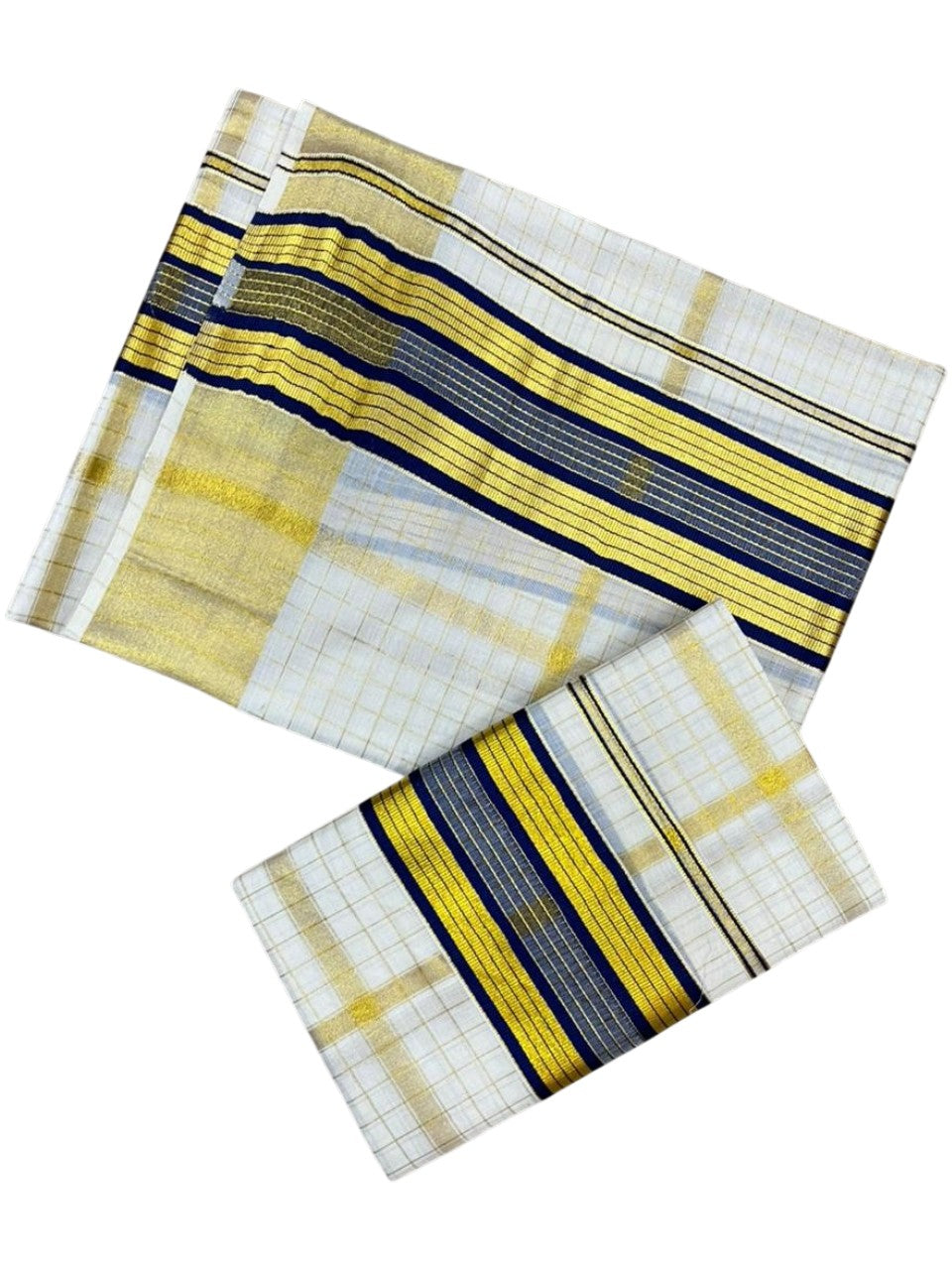 Southloom Pure Cotton Set Mundu with Gold Kasavu Check Across Body in Blue SL399