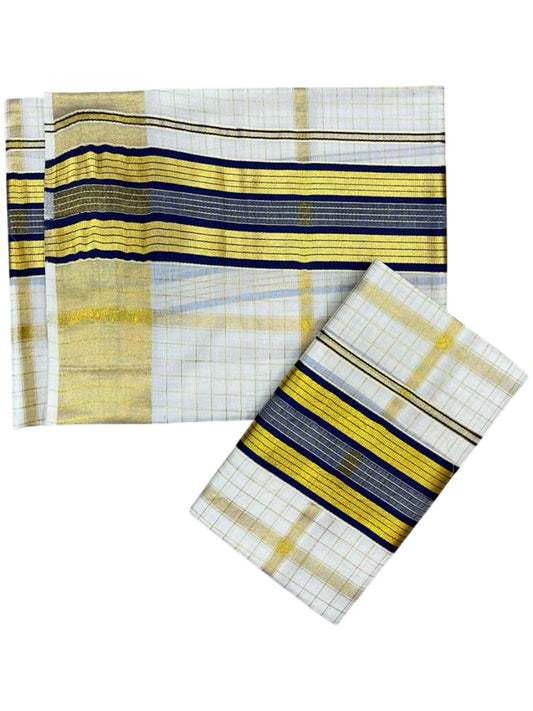 Southloom Pure Cotton Set Mundu with Gold Kasavu Check Across Body in Blue SL399